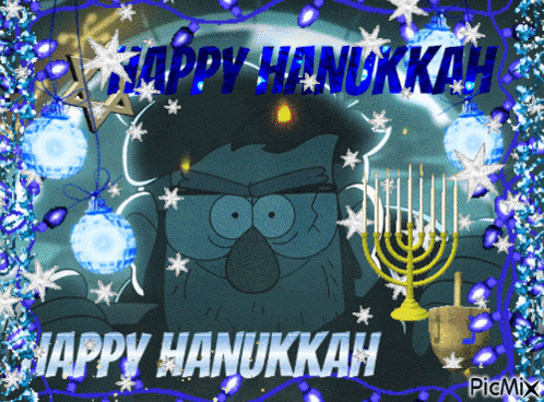 a happy hanukkah greeting card with a cartoon owl and menorah