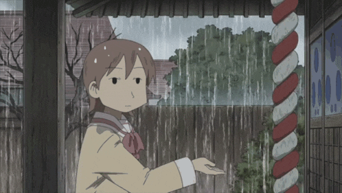 a cartoon girl is standing in the rain holding her hand out