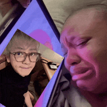 a picture of a boy with glasses and a picture of a woman crying on a tablet
