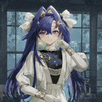 a girl with long blue hair and white gloves is standing in front of a window in a room .