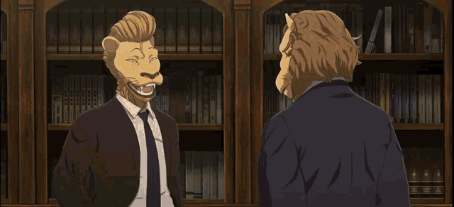 a cartoon of a lion in a suit standing in front of a window