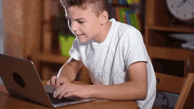 a young boy is sitting at a table with a laptop computer .