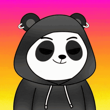 a panda bear wearing a black hoodie with a pink and orange background