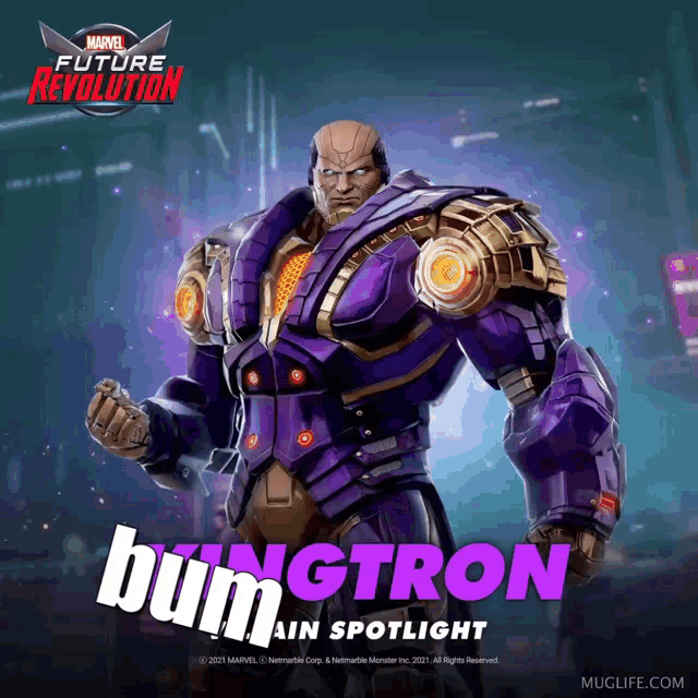 a poster for marvel future revolution shows a purple robot