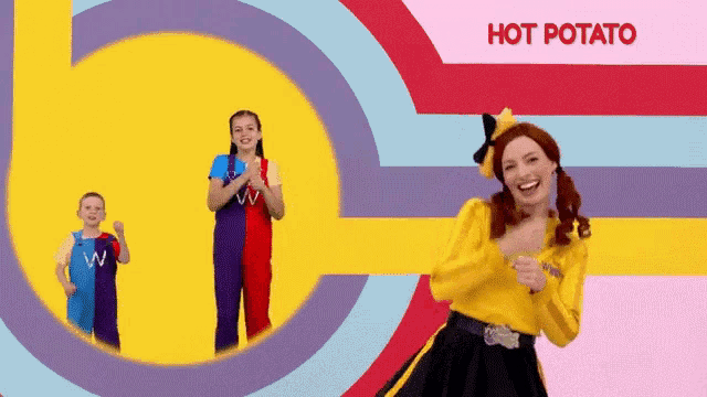 a woman in a yellow shirt is dancing in front of a colorful background that says hot potato