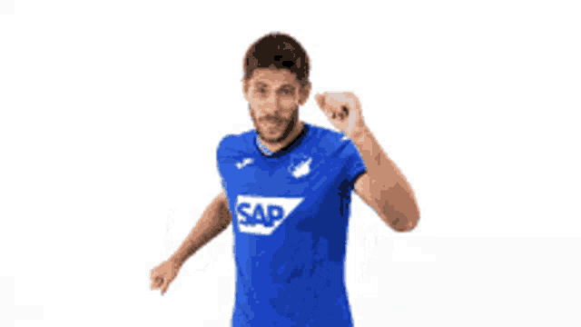 a man wearing a blue shirt that says sap on it