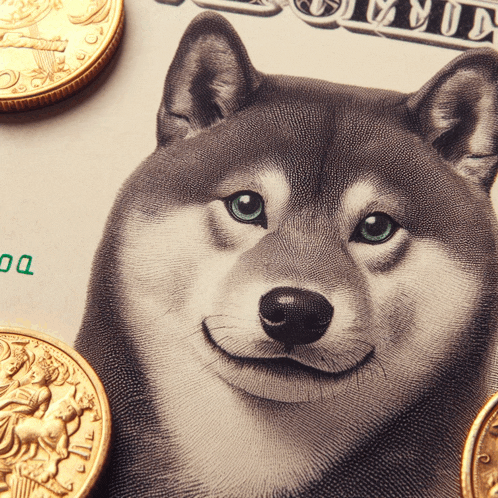 a close up of a dog 's face on a one dollar bill