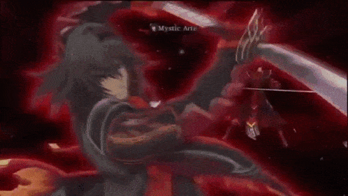 a person is holding a sword in front of a large fireball in a video game .