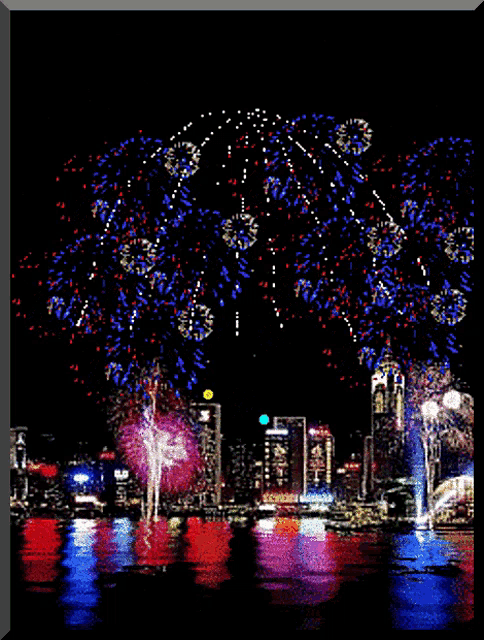 a painting of a fireworks display over a body of water