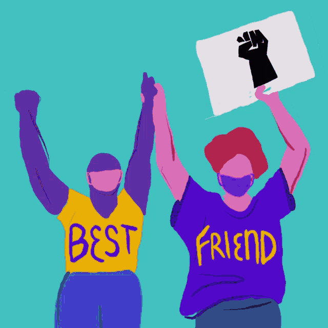 two people holding up a sign that says best friend on it