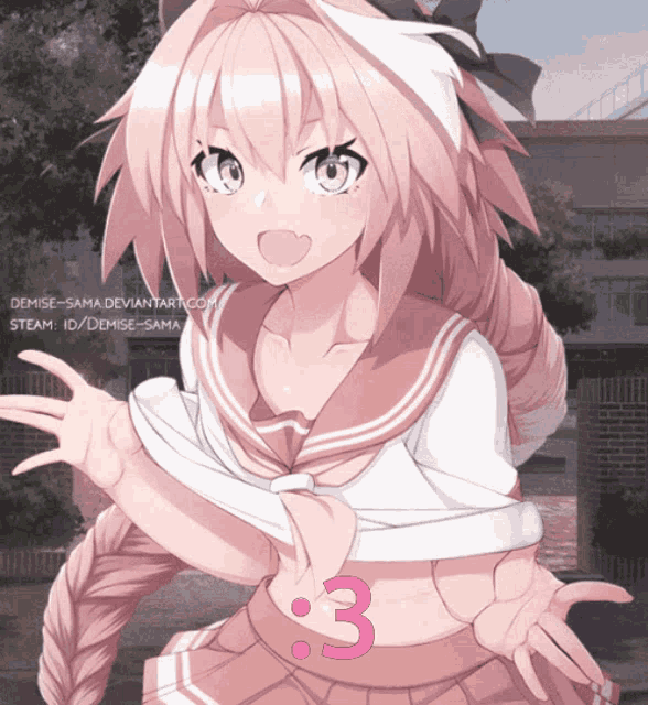 a pink and white anime girl with the number 3 on her waist