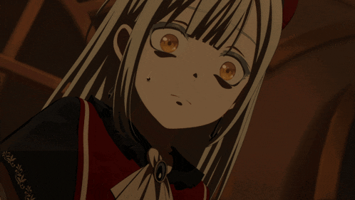 a girl with white hair and orange eyes is wearing a black and red dress