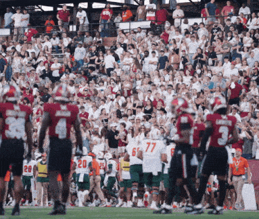 a football player with the number 77 on his jersey stands on the field