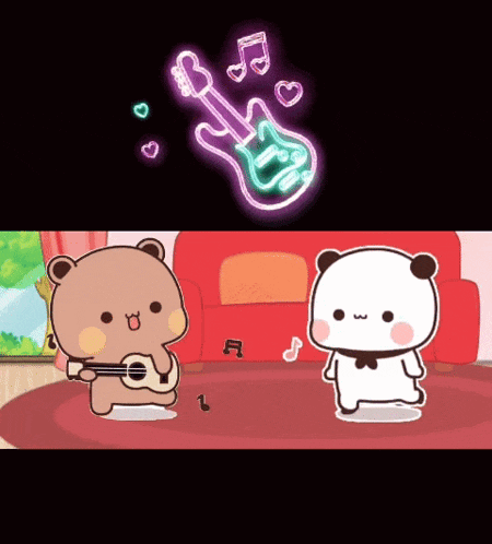 a cartoon of a bear playing a guitar next to a panda bear