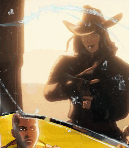a woman in a cowboy hat is holding a gun behind a broken window