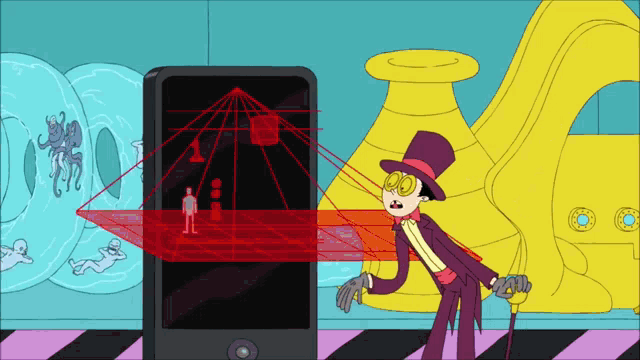 a cartoon of a man in a top hat standing next to a phone