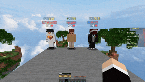 a screenshot of a minecraft game shows three players with their levels displayed