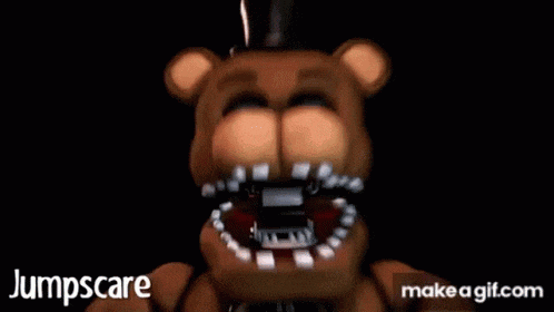 a brown teddy bear with white teeth and a black background