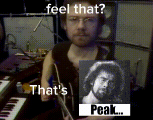 a man is holding a picture of a man with the words feel that that 's peak