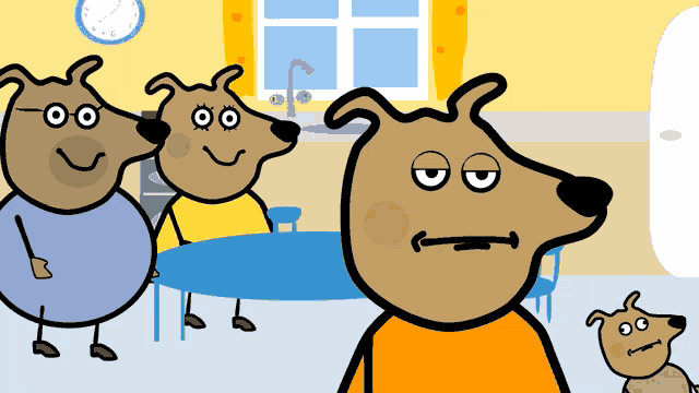 a cartoon of a dog standing in front of a table