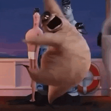 a cartoon character is dancing on a boat with a woman standing behind him .