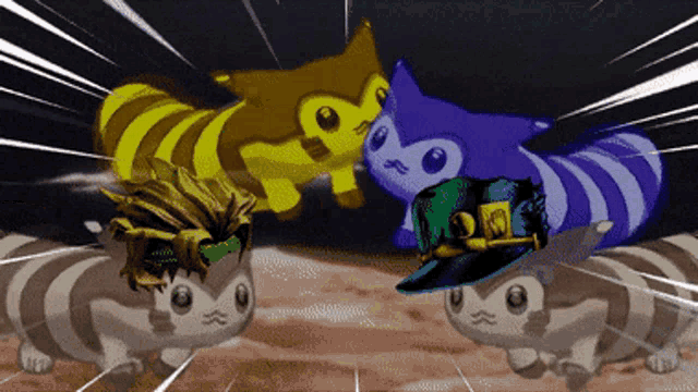 a group of cartoon animals including a purple cat with a hat on