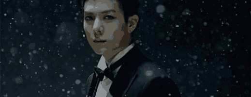 a man in a suit and bow tie is standing in the snow .