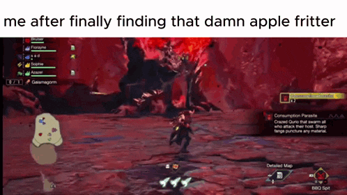 a screenshot of a video game with the caption " me after finally finding that damn apple fritter "