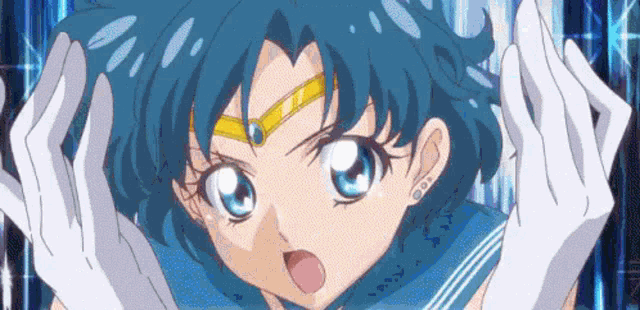 a close up of a blue haired anime girl with white gloves on her hands .