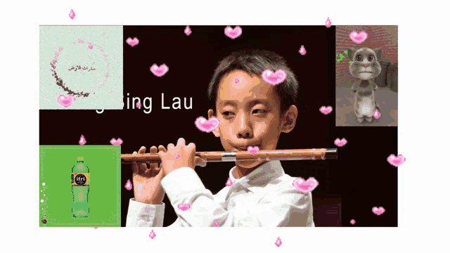 a boy is playing a flute in a collage of images with the word lau in the bottom right corner