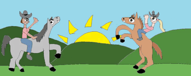 a cartoon of a man riding a horse and a girl riding a horse