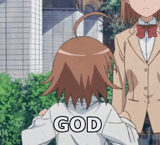a girl in a school uniform stands next to another girl with the word god on her back