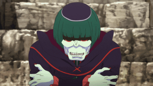 a cartoon character with green hair and a purple hat has his arms crossed