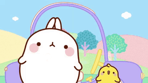 a cartoon rabbit is standing next to a small yellow chicken in a purple car .