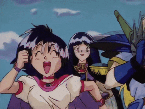 a group of anime characters are posing for a picture and one of them is wearing a white shirt