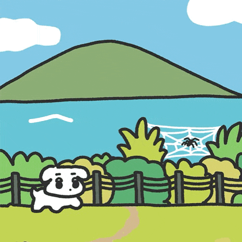 a cartoon of a dog and a spider web in front of a lake