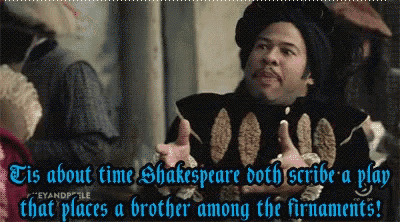 a man in a black costume says " it 's about time shakespeare doth scribe a play