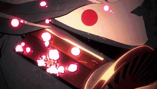 a close up of a person holding a sword with a red circle in the background .