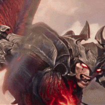 a demon with horns and red eyes is flying in the air .