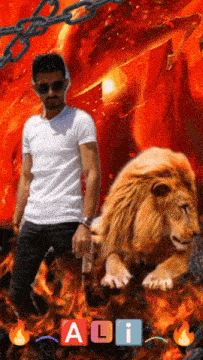 a man standing next to a lion with the name ali written on the bottom