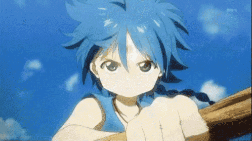 a young boy with blue hair is holding a wooden stick in front of a blue sky .