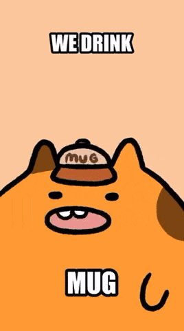 a cartoon cat is holding a bottle of mug