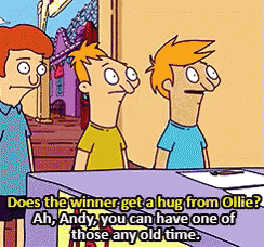 three cartoon characters are standing around a table with the caption " does the winner get a hug from ollie ? "