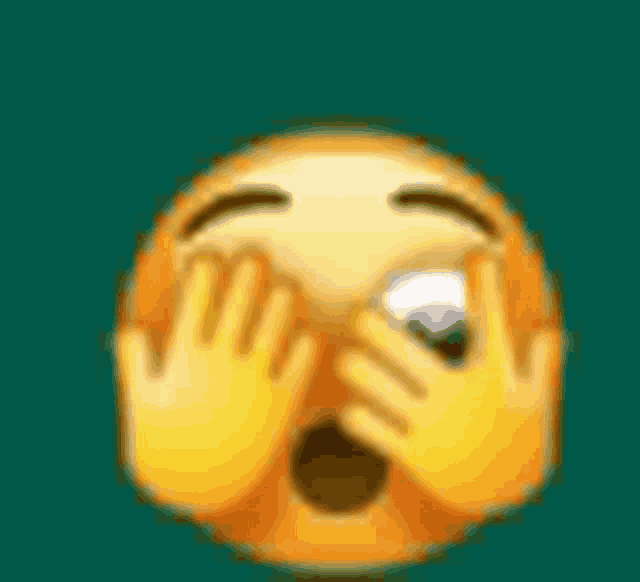 a surprised smiley face with hands covering its eyes .