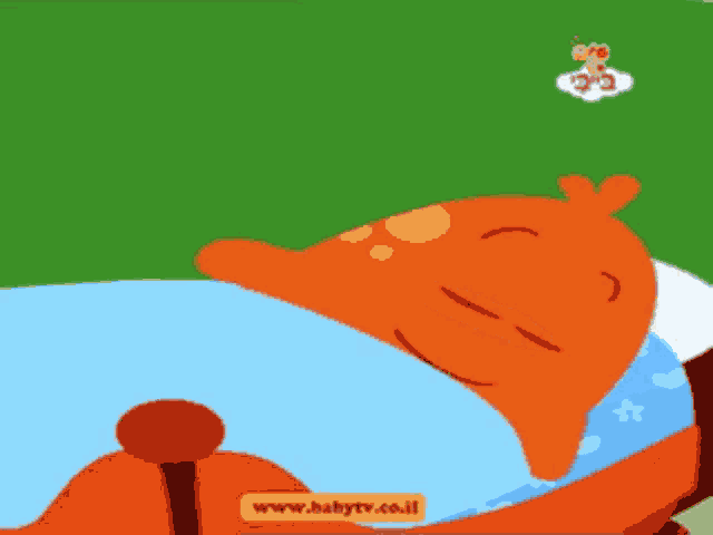 a cartoon character is laying in a bed with the website www.babytv.co.il written on the bottom