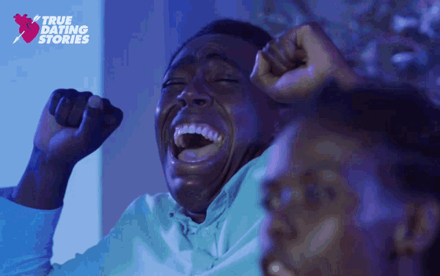 a man is laughing with a true dating stories logo behind him