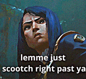 a cartoon of a woman with blue hair and a caption that says lemme just scootch right past ya