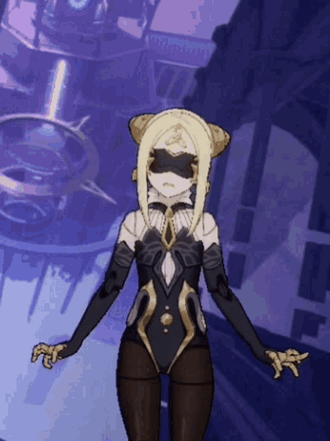 a cartoon character is wearing a black and gold outfit