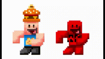 a pixel art of a man wearing a hamburger hat next to a pixel art of a red monster wearing a crown .