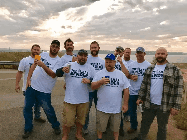 a group of men wearing the last bender shirts pose for a photo